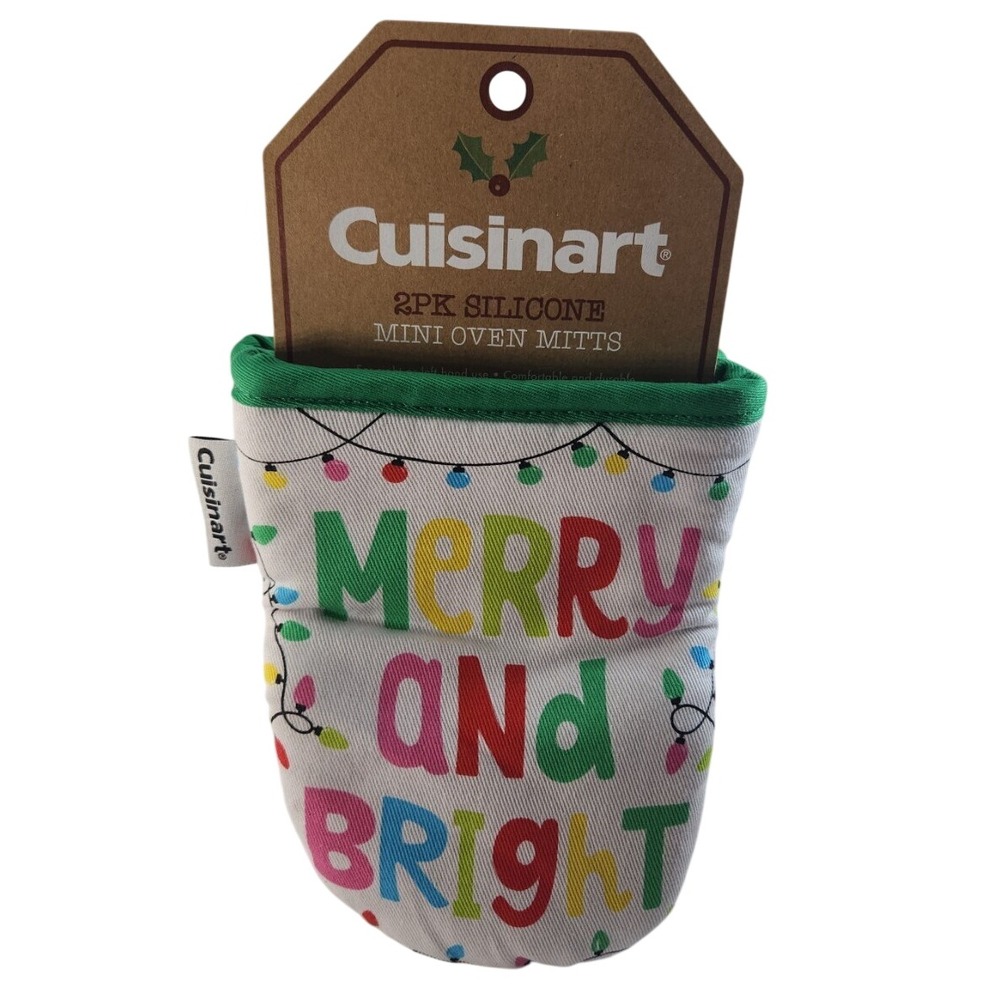 Cuisinart 2PK Silicone Mini Oven Mitts Merry and Bright Christmas Holiday White